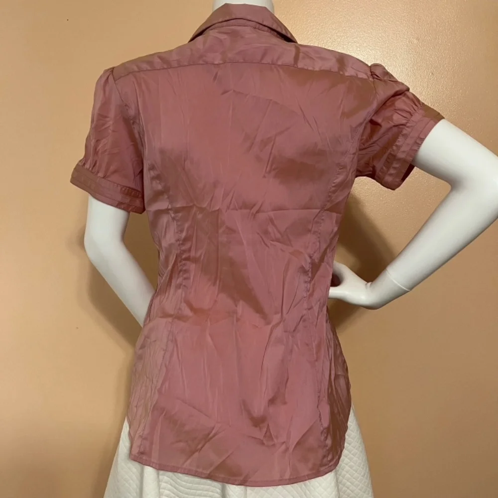 Express Metallic Rose Gold Ruffled V Neck Collar Button Down Blouse - Picture 6 of 7